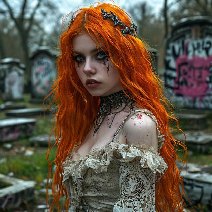 A grungecore vampire bride with fiery orange hair haunts a graffiti-scrawled graveyard