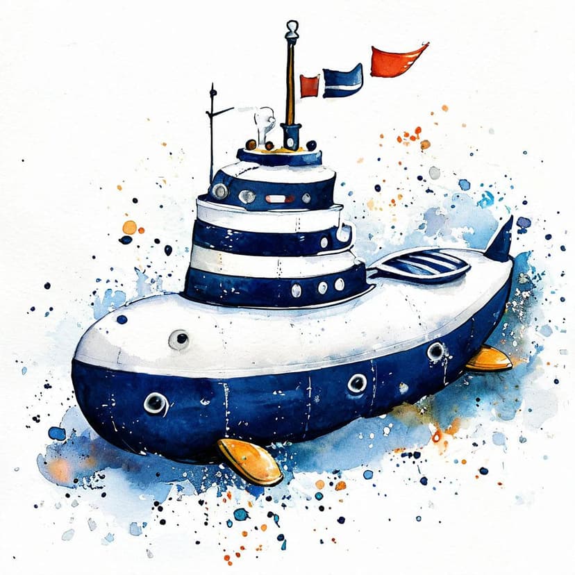 A cheerful children’s book illustration of a playful navy and white submarine with sailor stripes and watercolor splashes