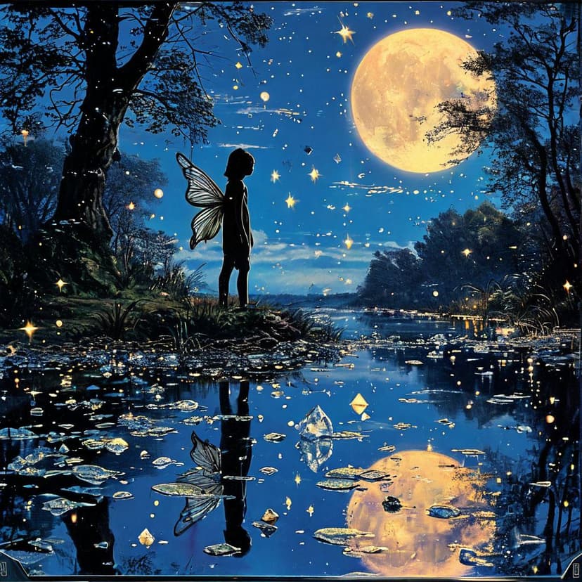 A fairy scatters glowing crystals under the moon