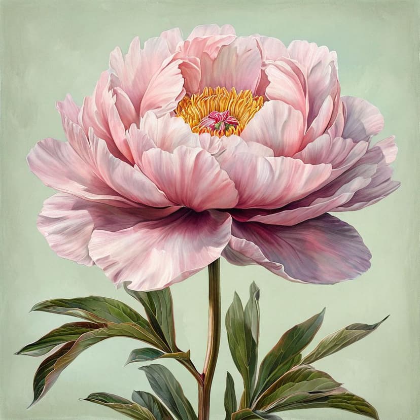 A light pink peony with translucent petals floats on a pale green background