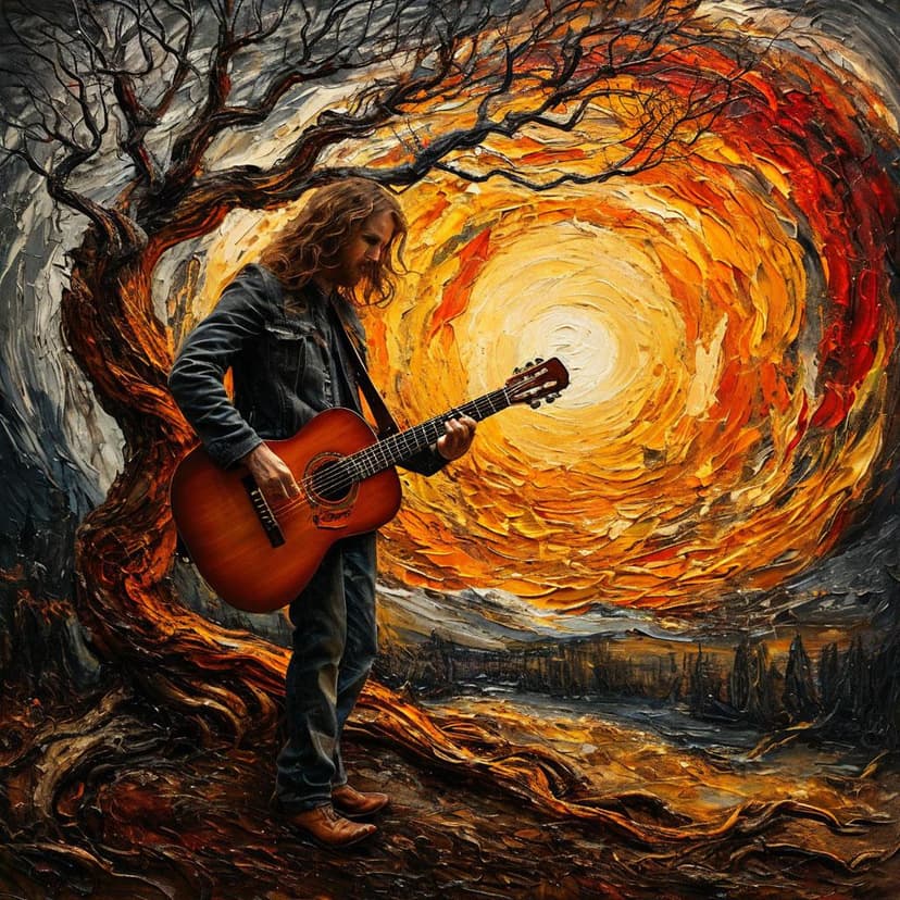 A guitarist stands rooted like an oak; a dancer swirls with fiery grace—Earth and Air channeled through bold