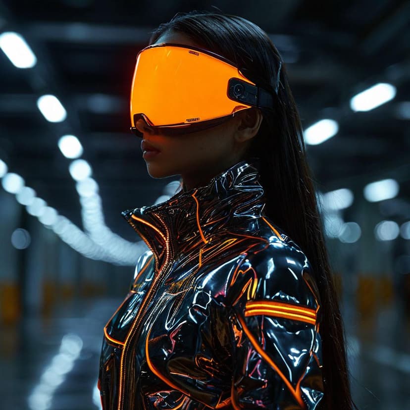 A woman in a glossy jacket and glowing orange visor stands in darkness