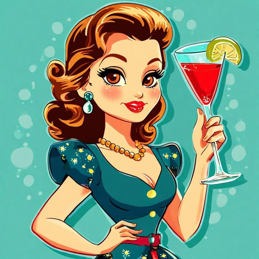 A retro tee design features a 1950s-style chibi woman playfully holding a martini