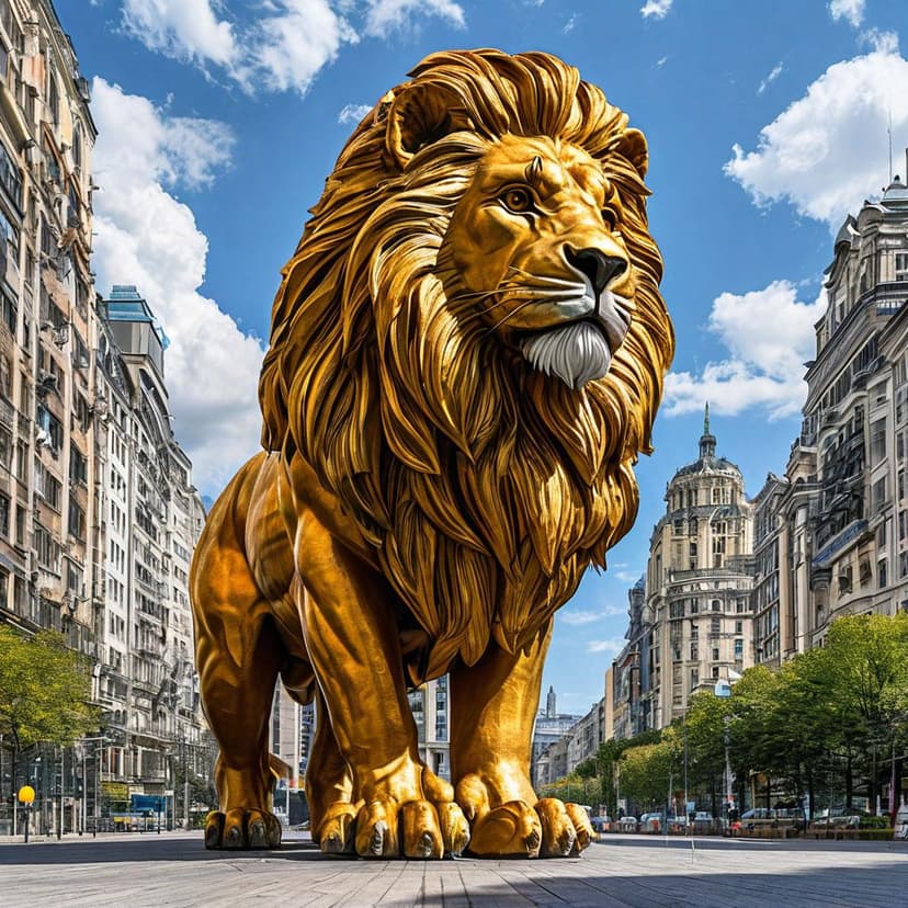 A five-story lion with a golden mane towers over the city