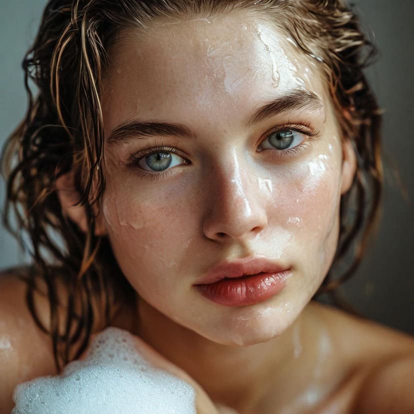 A fresh-faced model lathers with soap under soft light