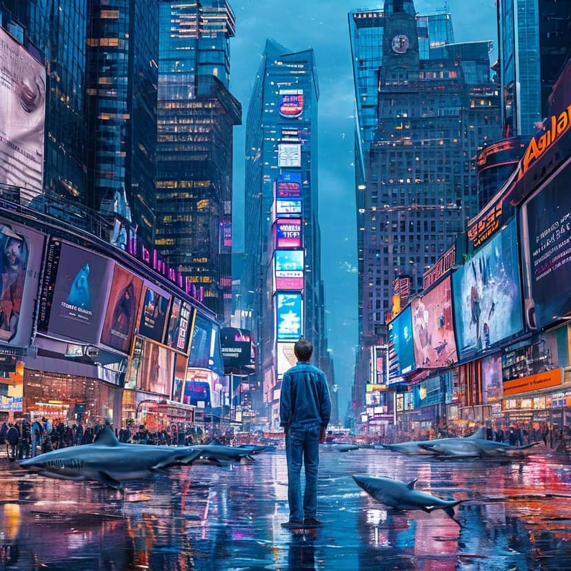 Sharks swim through a neon-lit Times Square
