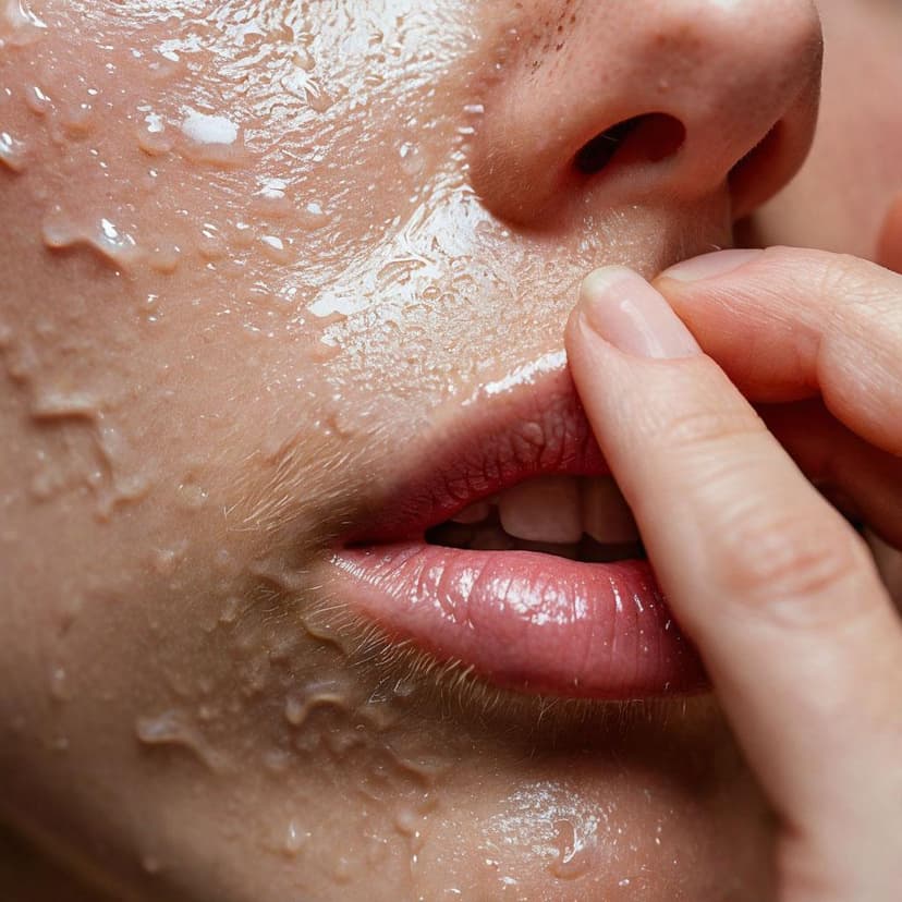 A clinical close-up examines natural skin: textured with enlarged pores