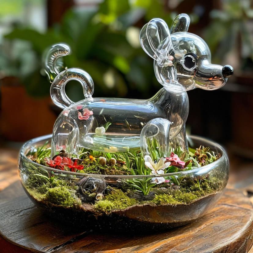 A transparent balloon dog holds a miniature garden