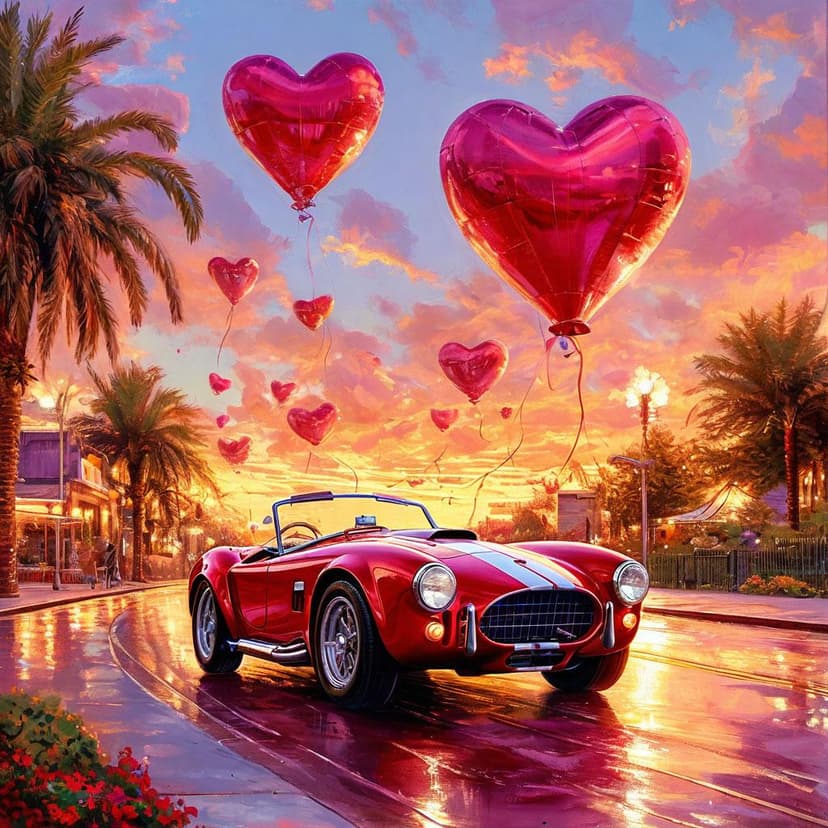 A Shelby Cobra glides beneath a cotton-candy sky