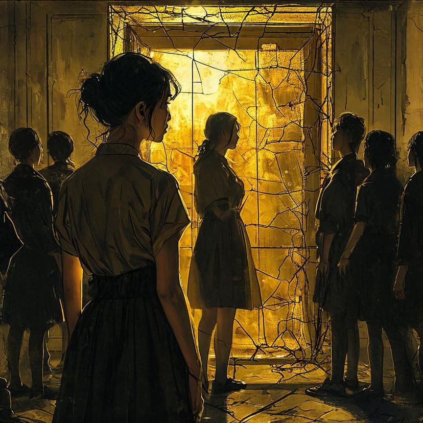 A lone Korean woman stands in a dark room