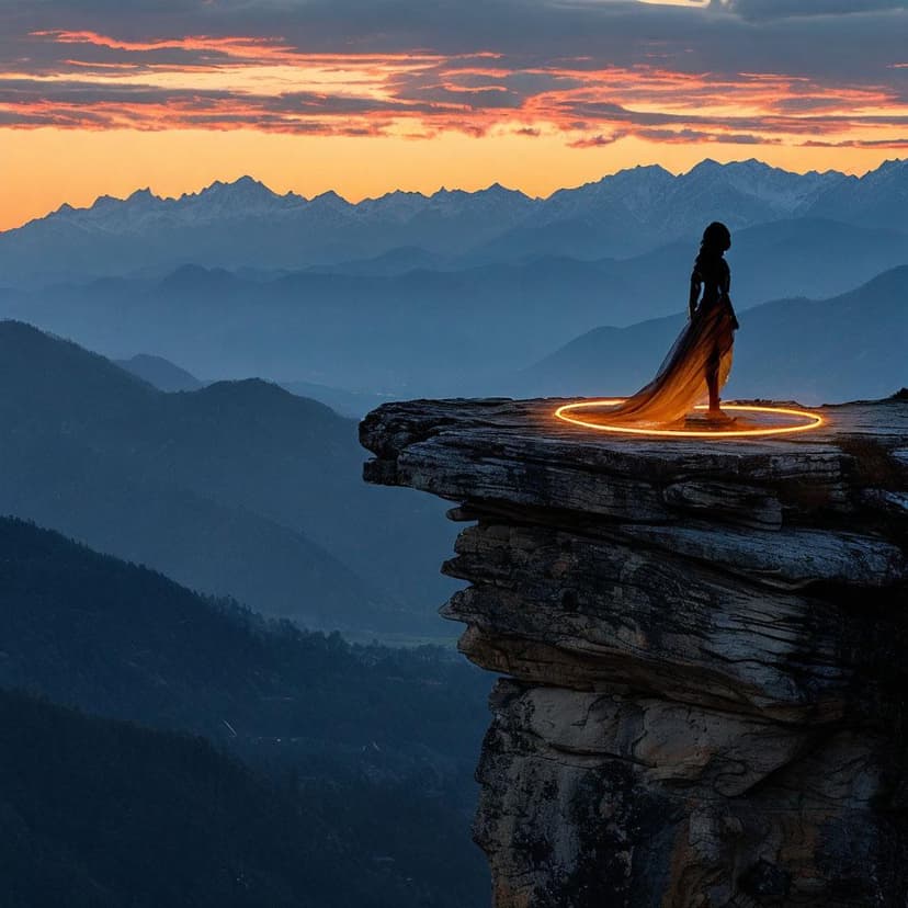 A glowing visor haloes her as she floats above the cliff at dusk