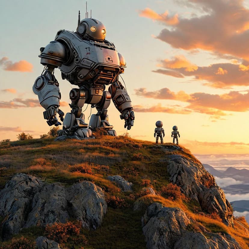 A massive robot rests on a hill at sunset