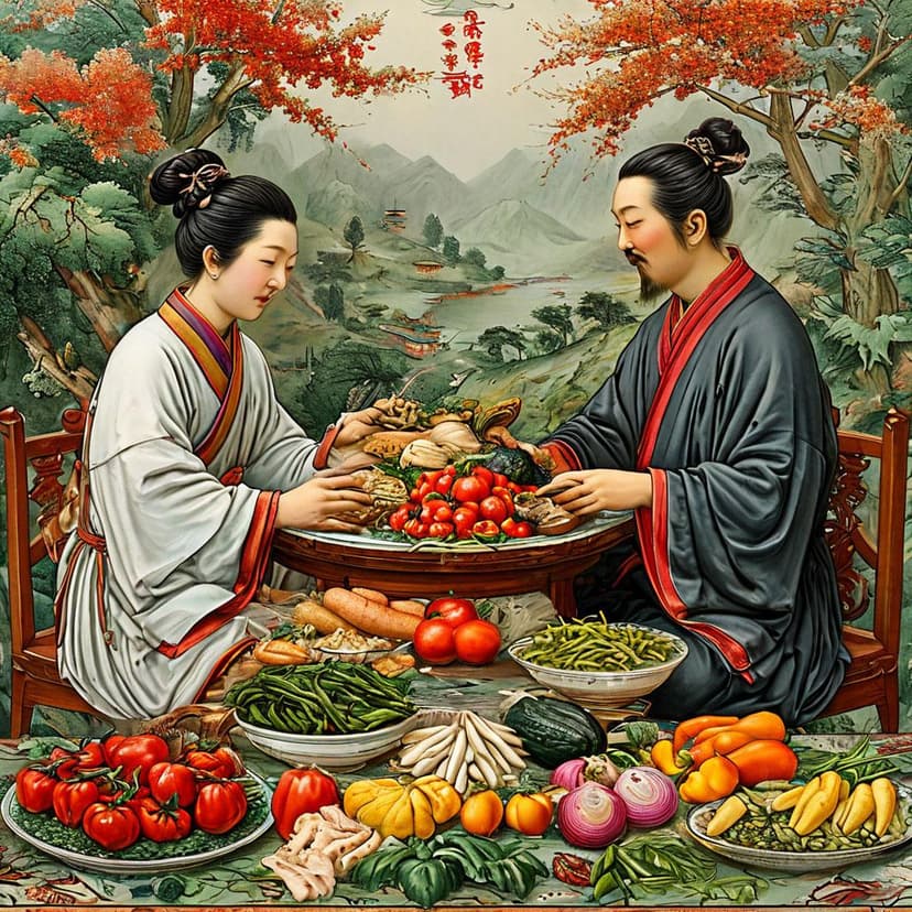 Two figures share a meal across a table abundant with vegetables