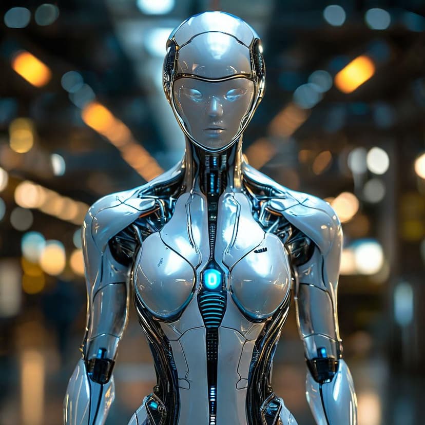 A sleek silver and blue AI humanoid
