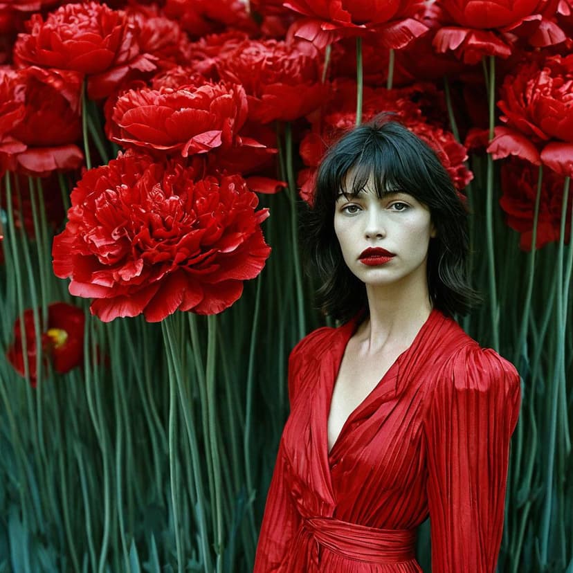 Sophie Marceau ascends giant red carnations in a Calvin Klein jumpsuit