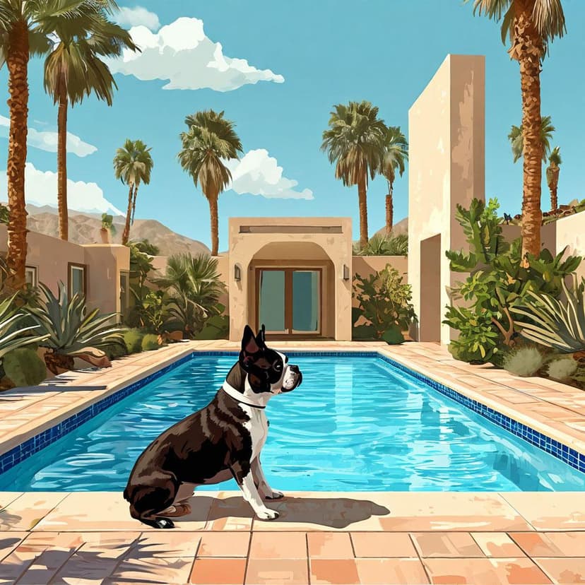 A Boston Terrier rests by a Palm Springs pool