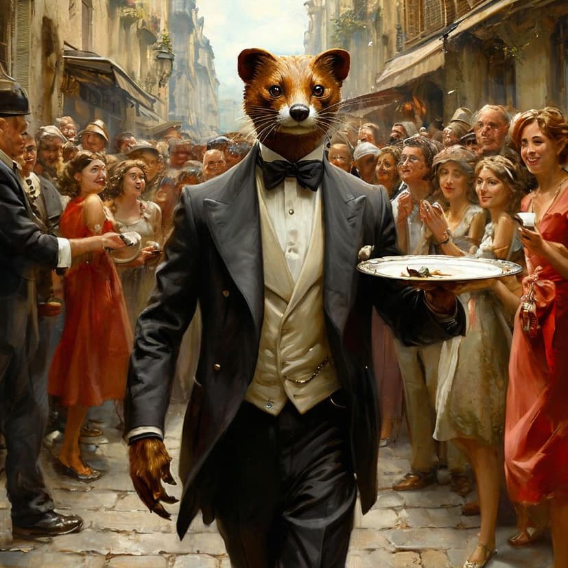A tuxedoed weasel waiter weaves through the lively crowd