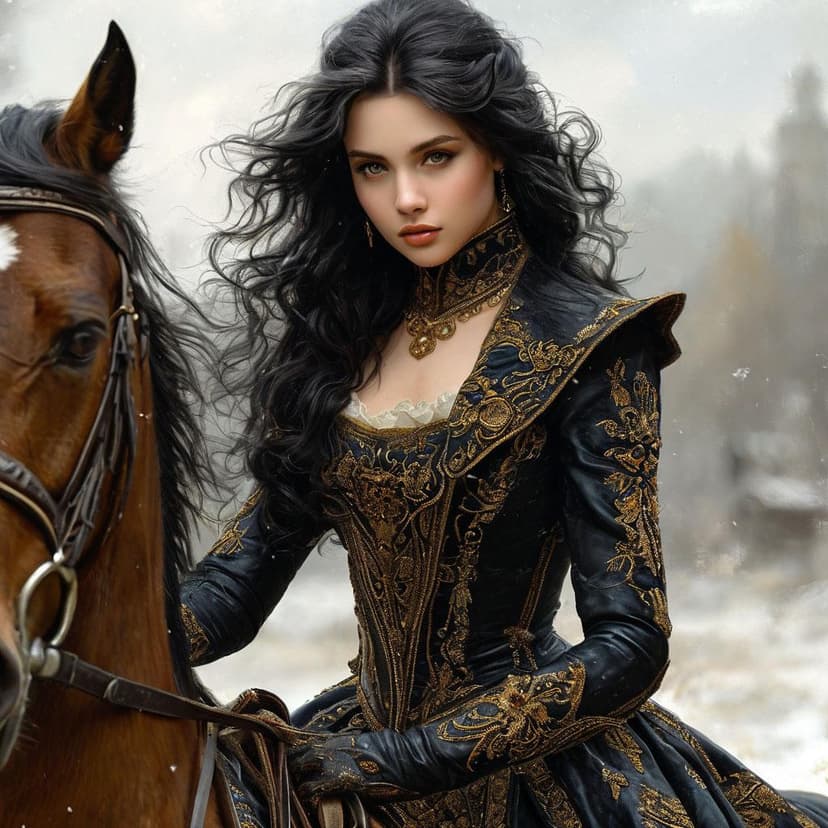 A raven-haired beauty rides a horse with elegant poise