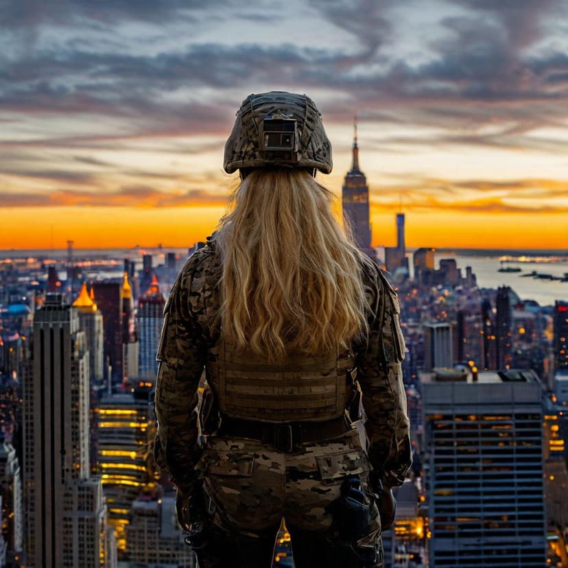 A blonde soldier’s silhouette merges with the New York skyline in a powerful double exposure