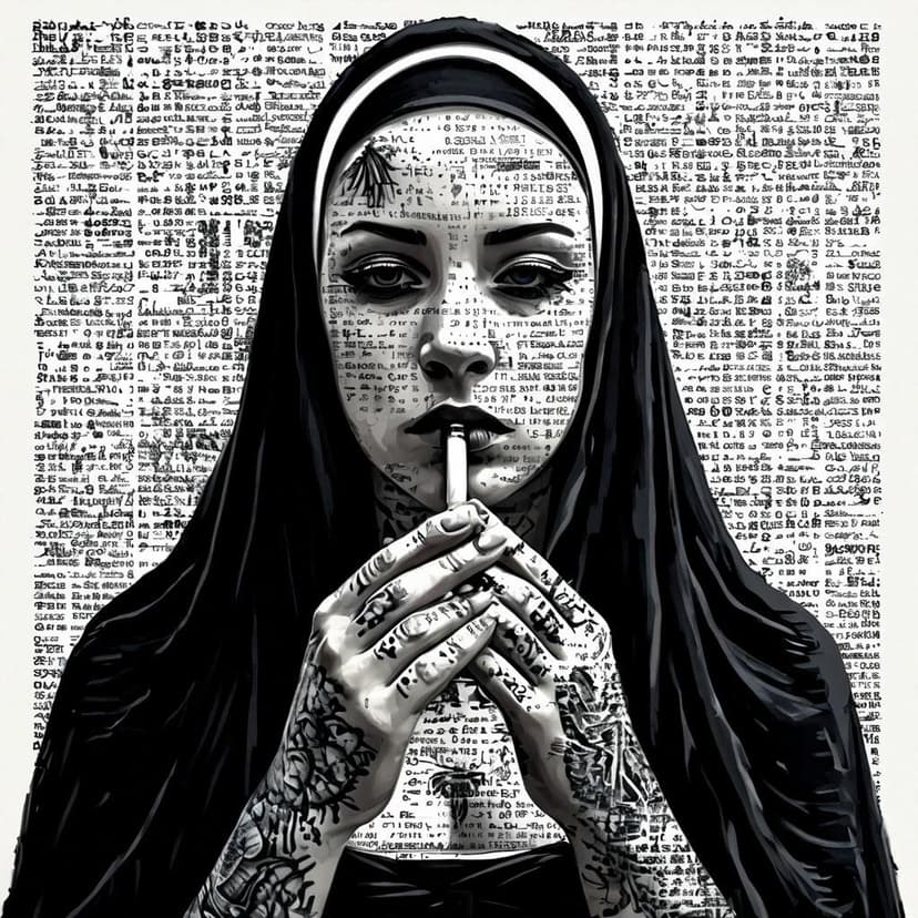 A tattooed young nun smokes