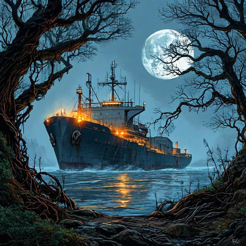 A lone cargo ship glows in a misty