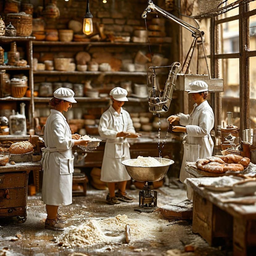 Tiny bakers in white hats guide a miniature crane pouring flour into a bowl