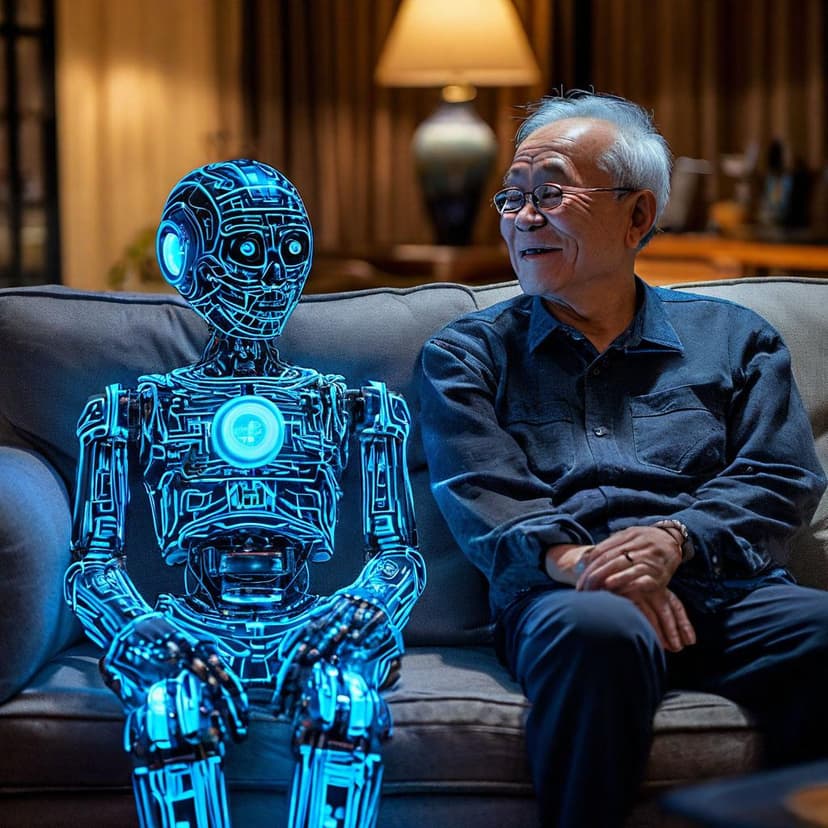 A young Korean robot with glowing blue lines sits beside a smiling elderly Chinese man on a nighttime sofa