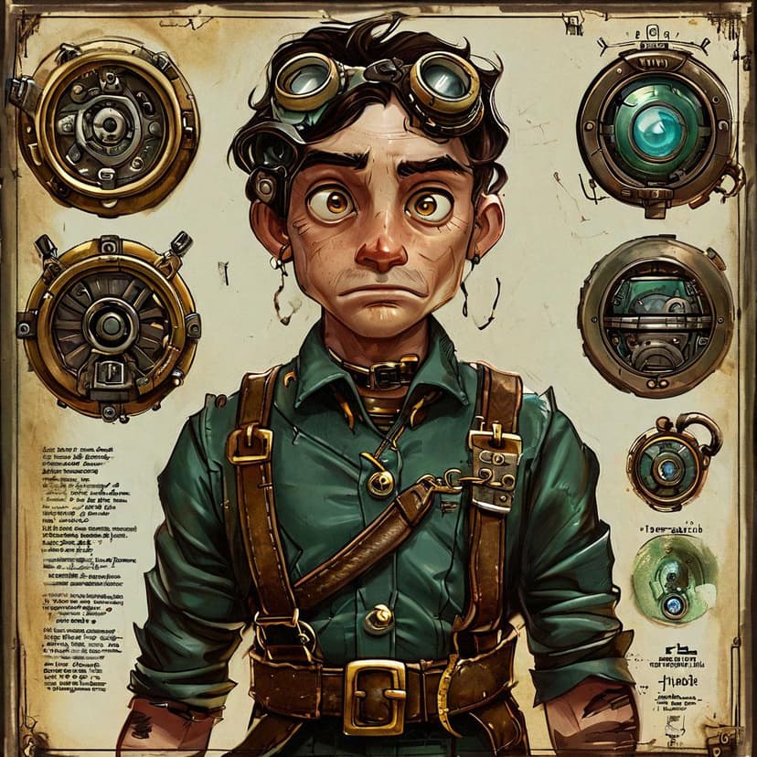 A grimy steampunk mechanic’s expression sheet