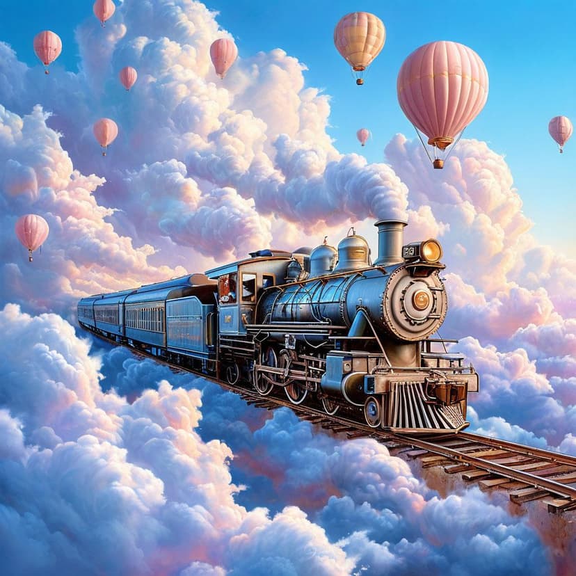 A silver train drifts through pastel clouds and balloons