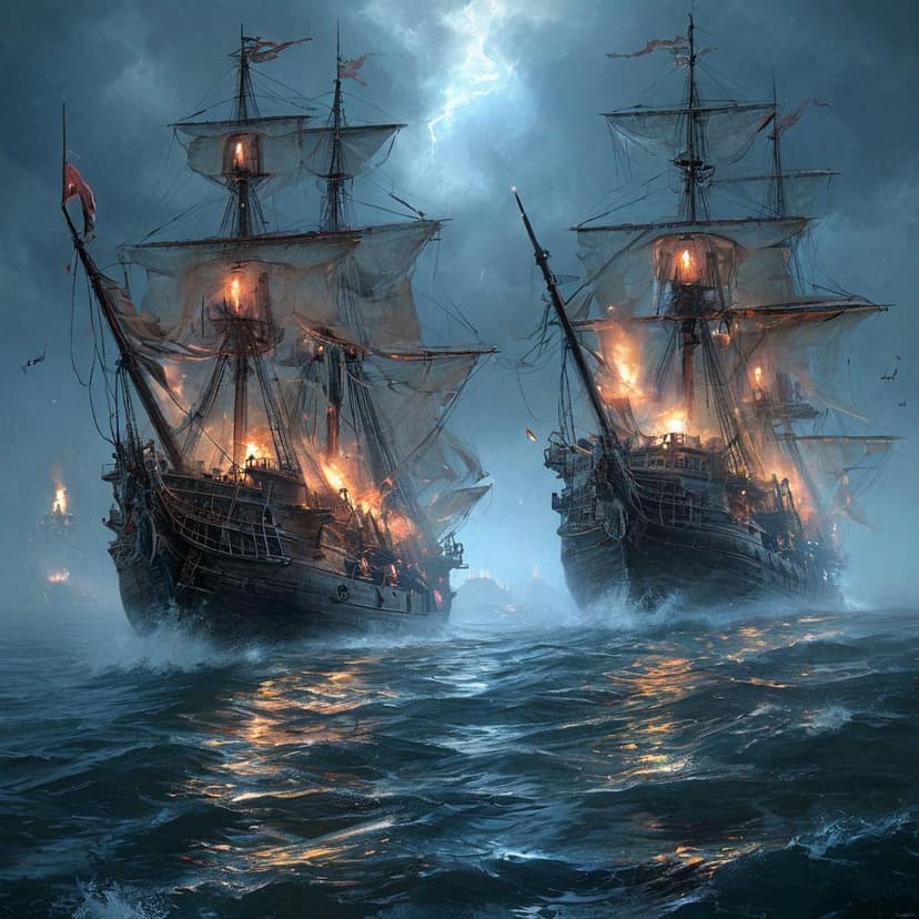 Two spectral galleons clash in the fog