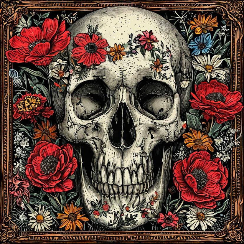 A chaotic skull blooms in Apollonia Saintclair’s style