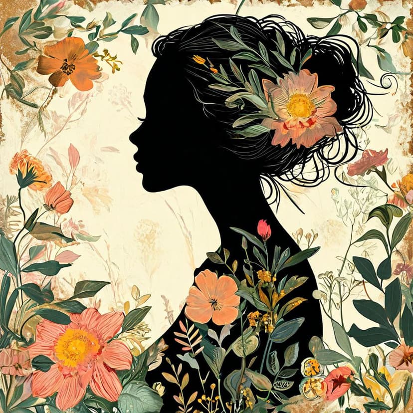 A woman’s silhouette blooms with floral stripes and cloud motifs in earthy greens