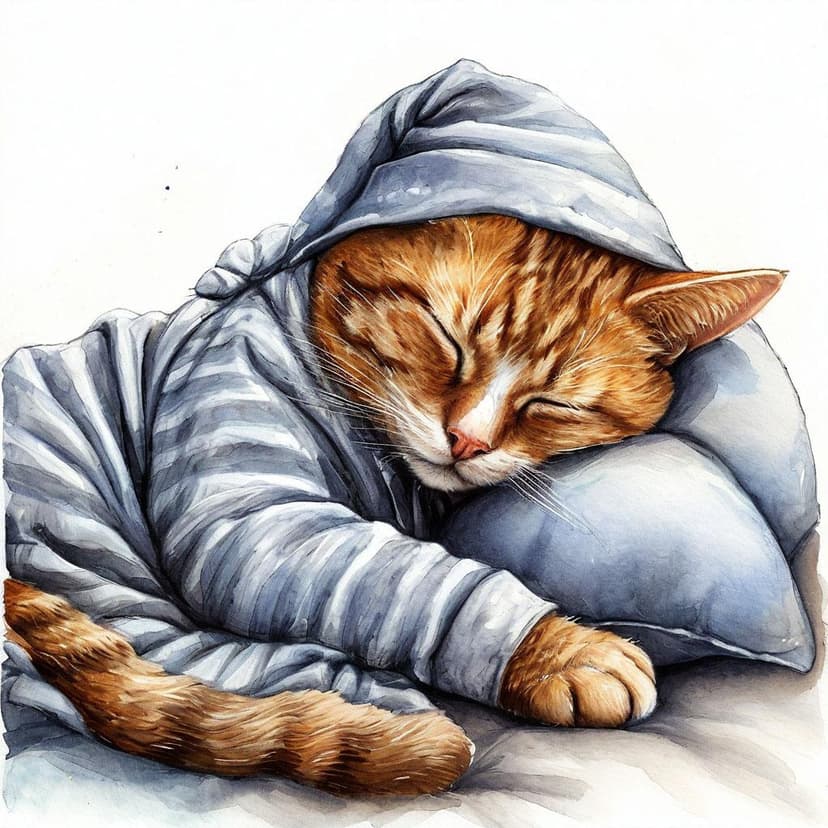 A cozy cat in pajamas and a nightcap