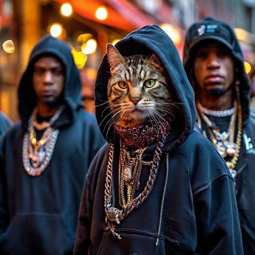 A gritty shot captures a fierce cat gang in hoodies