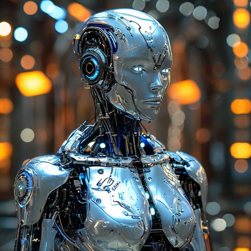 A sleek silver and blue humanoid AI