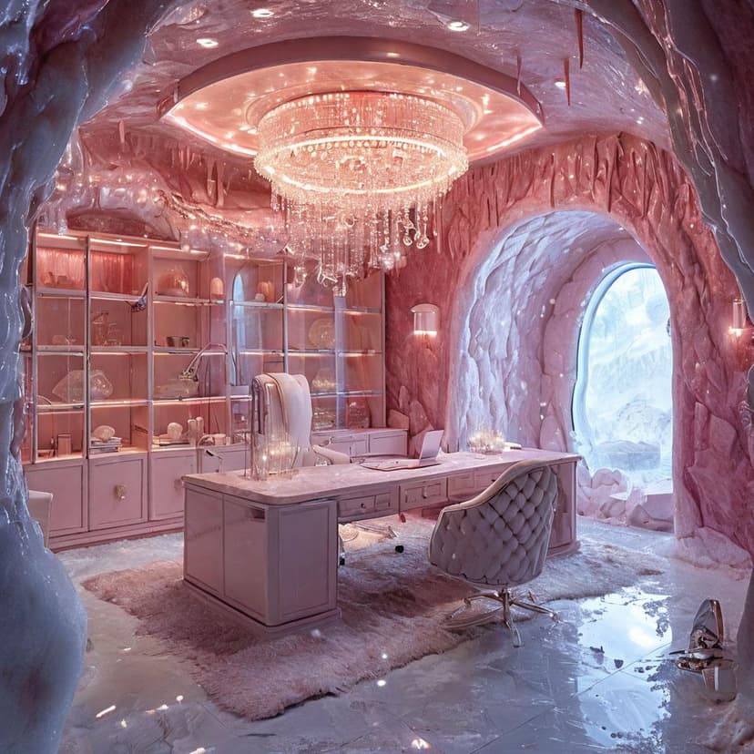 An opulent ice cave office adorned in pink and white