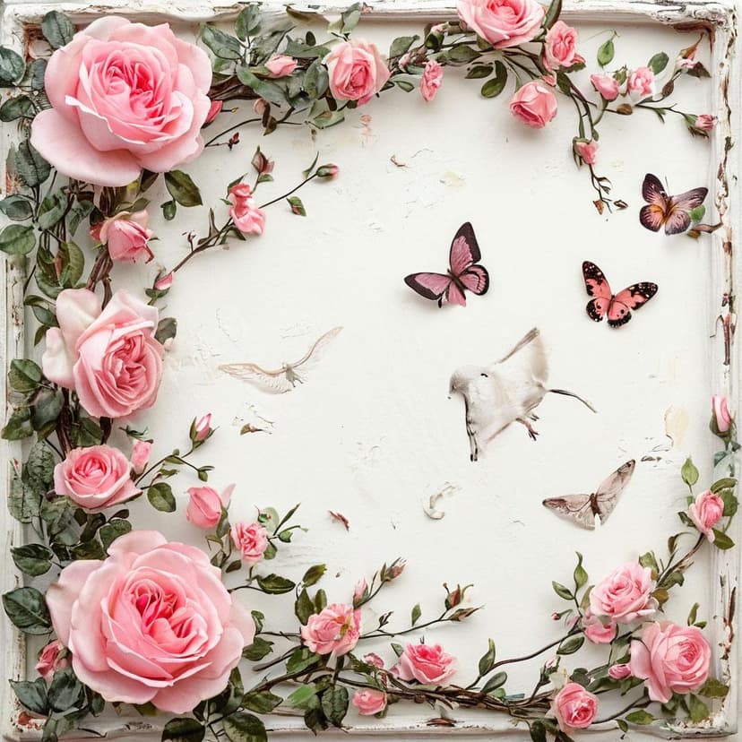 A delicate pink rose garland with birds and butterflies adorns a white backdrop