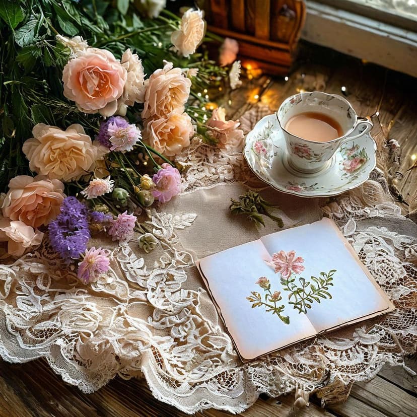 A hand-drawn cottagecore flatlay with soft pastels