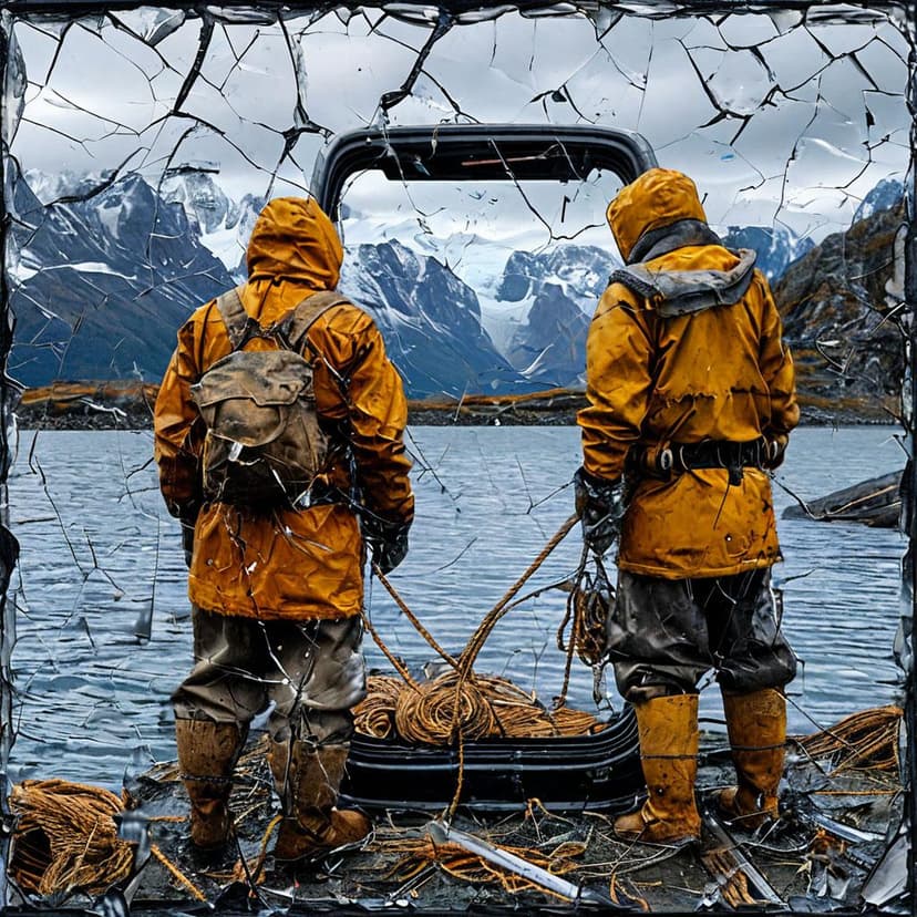 A hyper-realistic scene of two Inuit fishermen is visible through a tiny