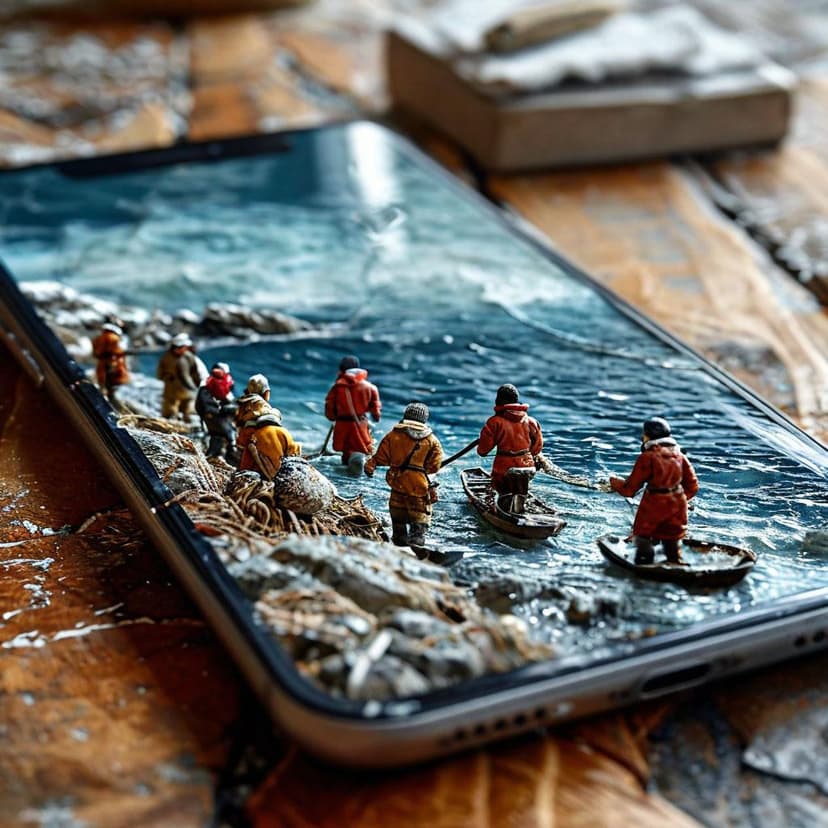 A cracked phone screen reveals a miniature