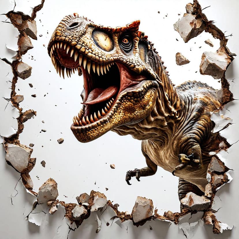 A T. rex smashes through a wall