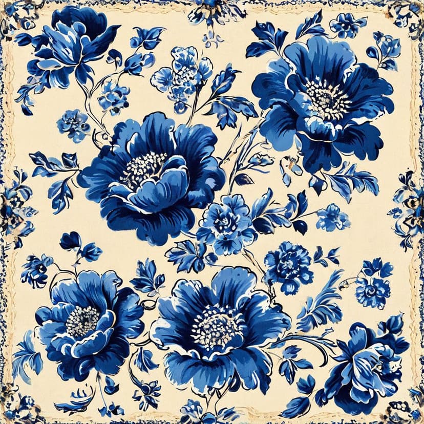 A delicate French toile design in blue and white florals on a cream backdrop