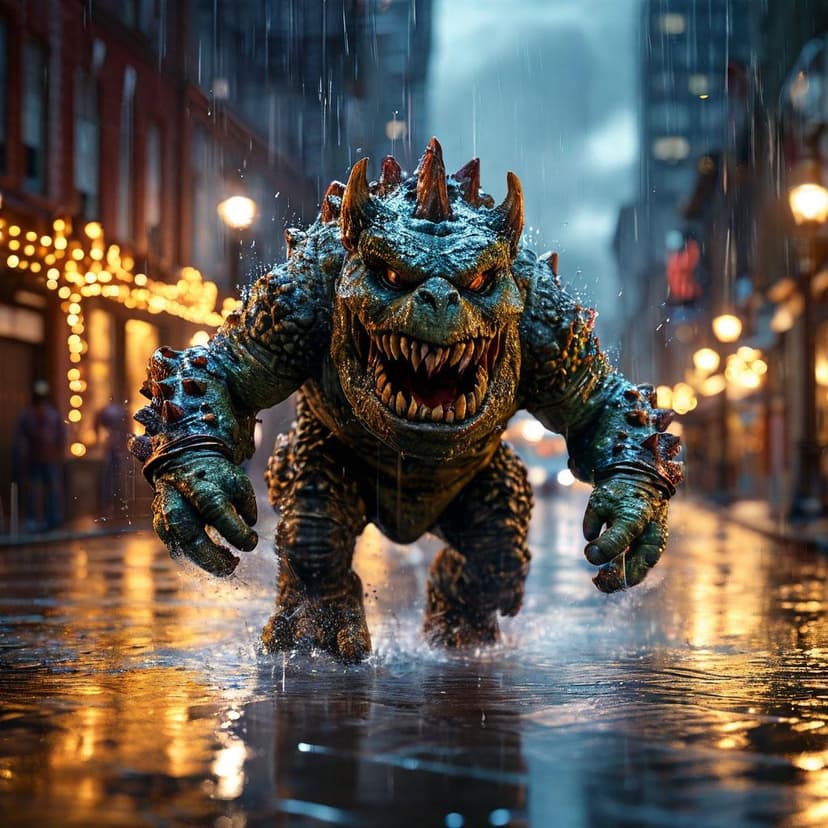 A cinematic monster mascot dashes through rain-slicked streets
