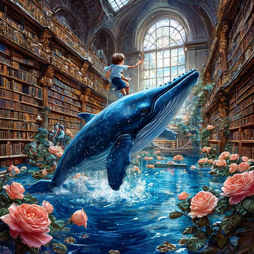 A boy rides a blue whale past luminous water roses