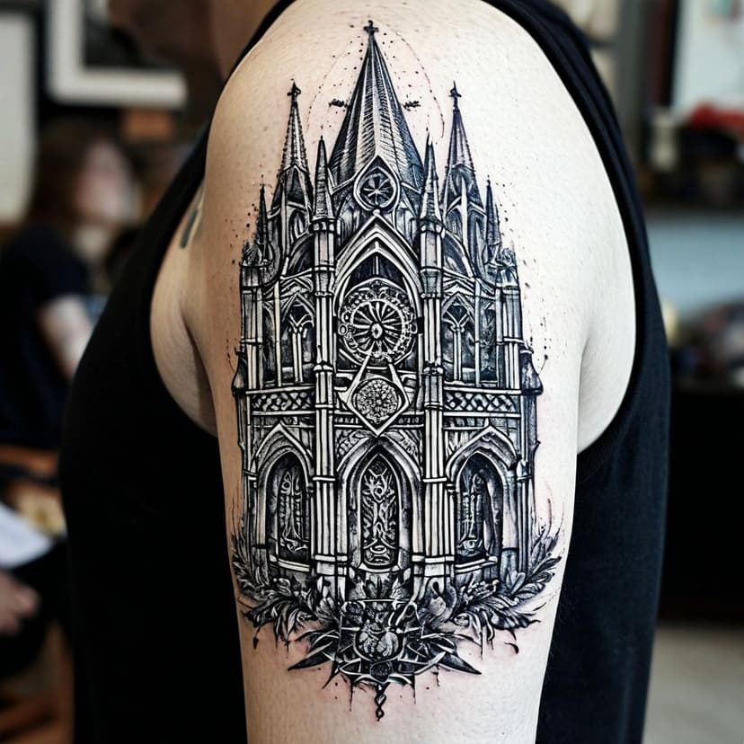 A gothic cathedral tattoo design rendered in intricate black and white dotwork