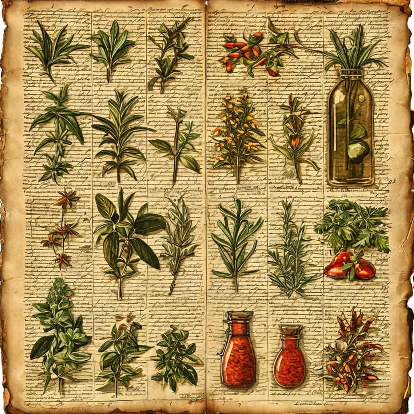 A vintage botanical illustration of kitchen spices