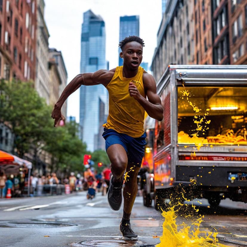 A young Black sprinter blurs past a SoHo food truck