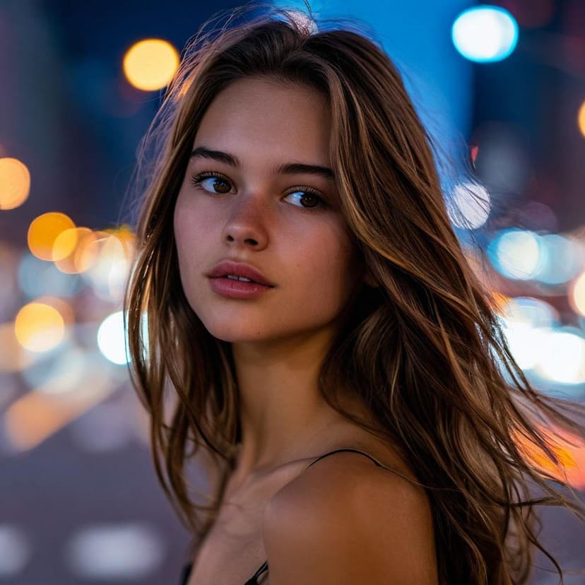 A young model with gleaming brown hair moves sideways