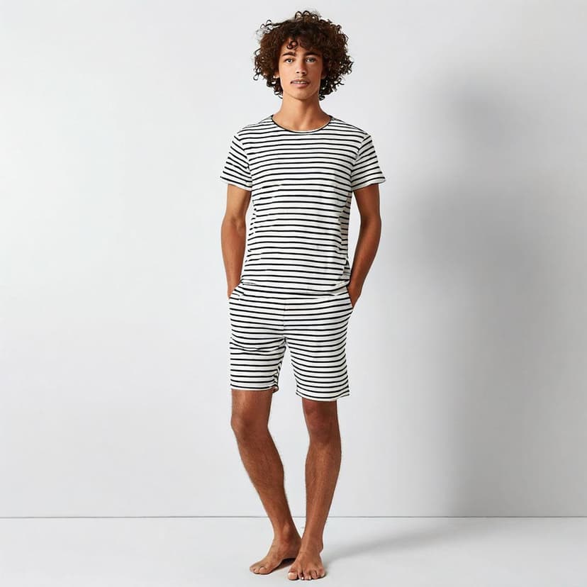 A slim model showcases premium cotton pajamas: a short-sleeve top and knee-length shorts
