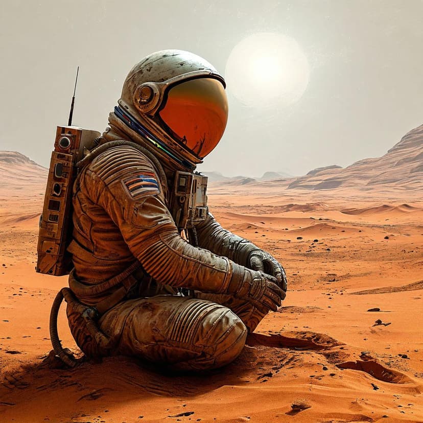 A cracked visor fogs in the Martian silence